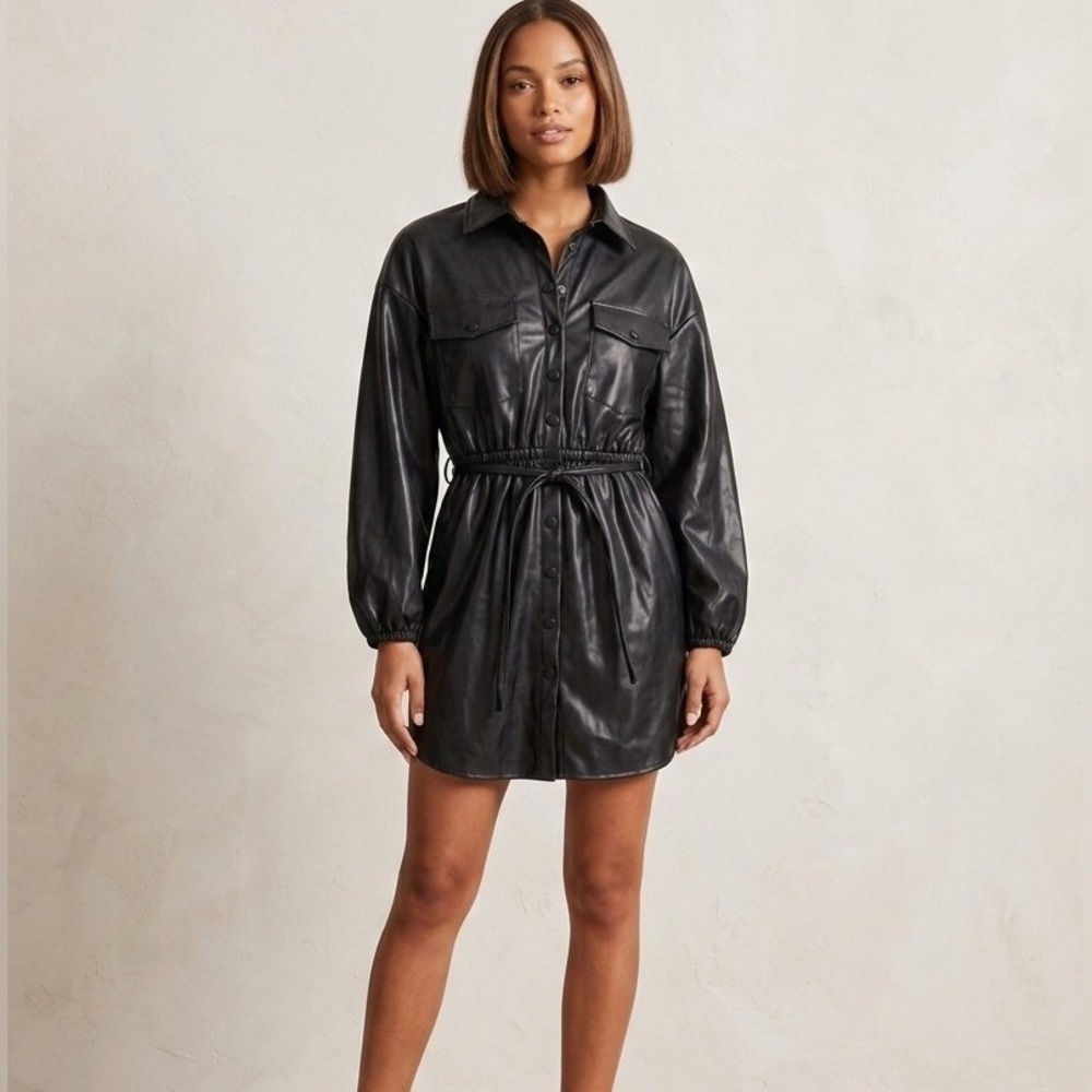 &Merci Faux Leather Mini Button Down Belted Trench Coat Dress Preppy Luxury Glam